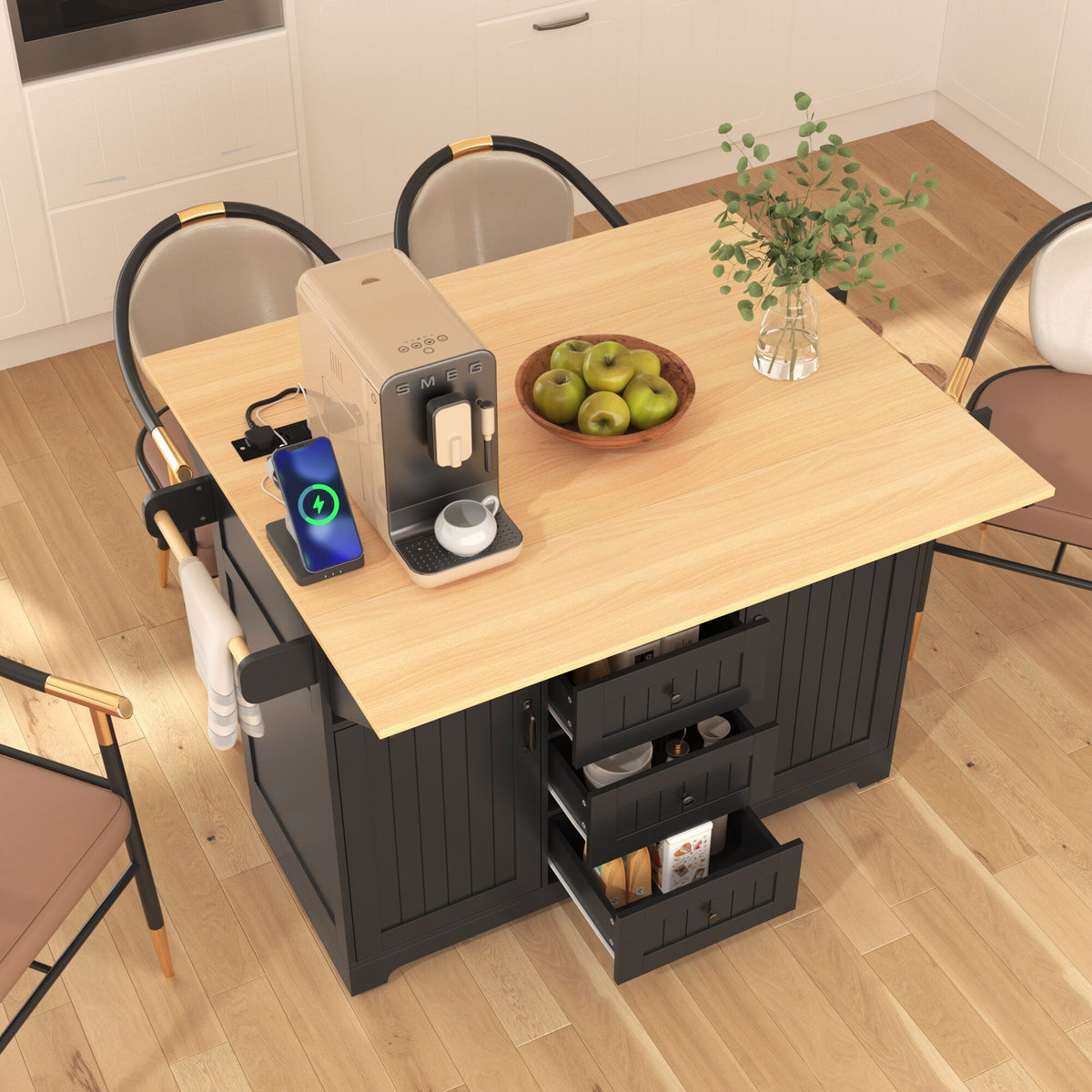Runesay Black Mdf Base with Mdf Wood Top Kitchen Island (34-in x 55.75-in x 36.5-in)