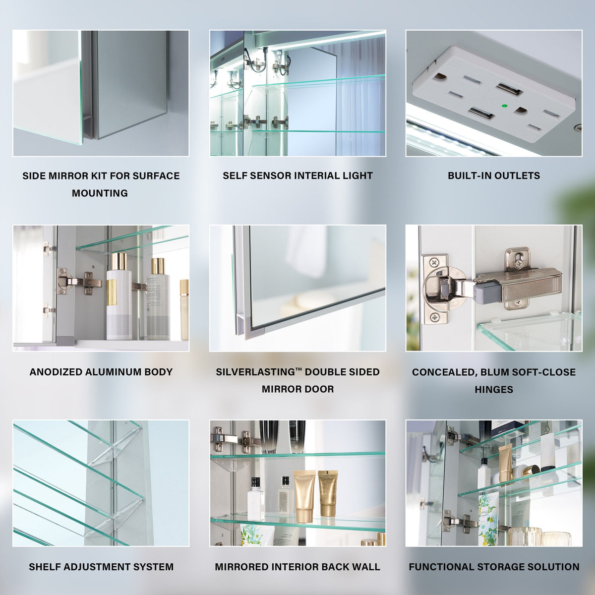 WELLFOR NIKA 20-in x 30-in Lighted LED Fog Free Surface/Recessed Mount Silver Mirrored Soft Close Medicine Cabinet with Outlet
