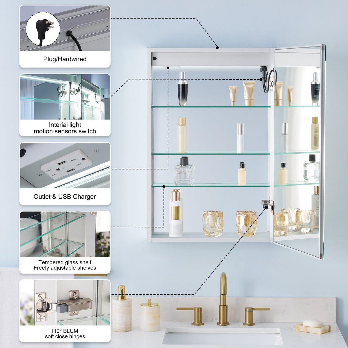 WELLFOR NIKA 20-in x 30-in Lighted LED Fog Free Surface/Recessed Mount Silver Mirrored Soft Close Medicine Cabinet with Outlet