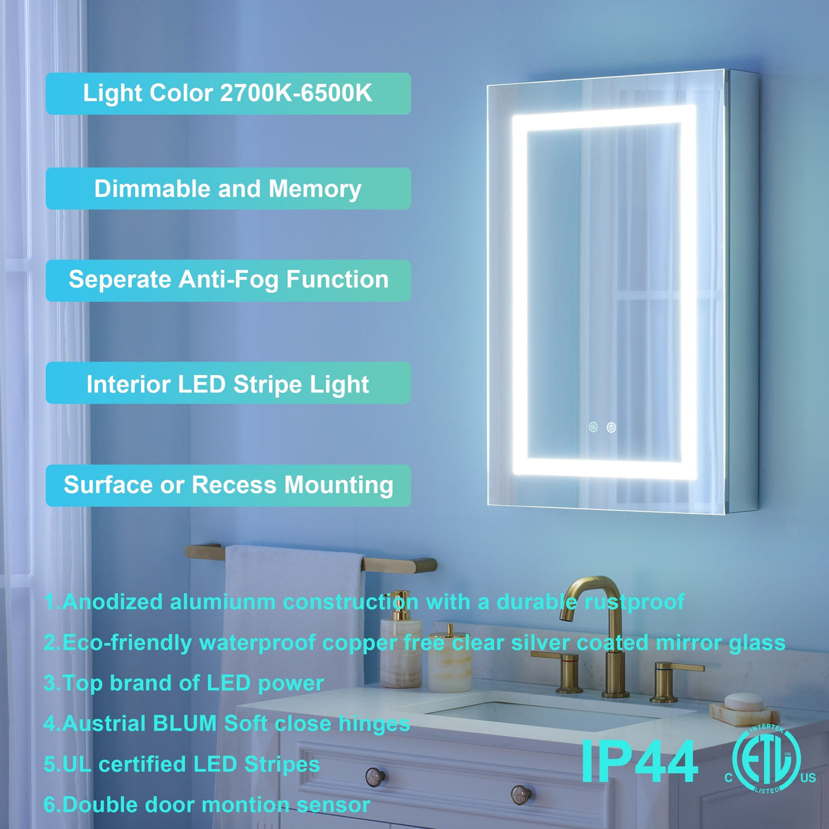 WELLFOR NIKA 20-in x 30-in Lighted LED Fog Free Surface/Recessed Mount Silver Mirrored Soft Close Medicine Cabinet with Outlet