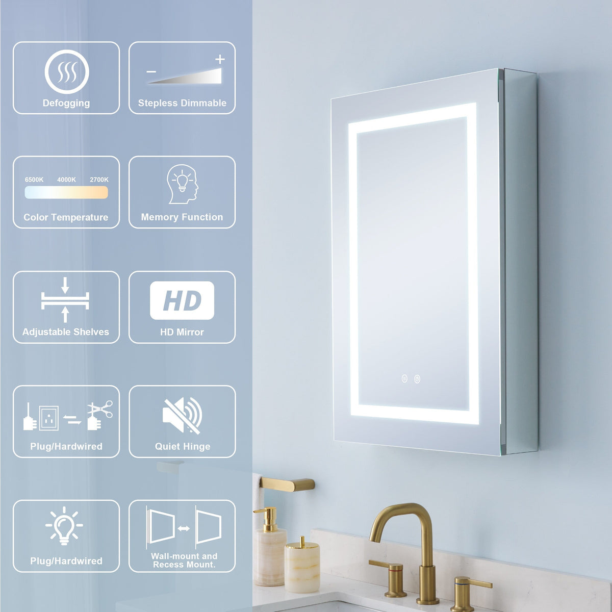 WELLFOR NIKA 20-in x 30-in Lighted LED Fog Free Surface/Recessed Mount Silver Mirrored Soft Close Medicine Cabinet with Outlet