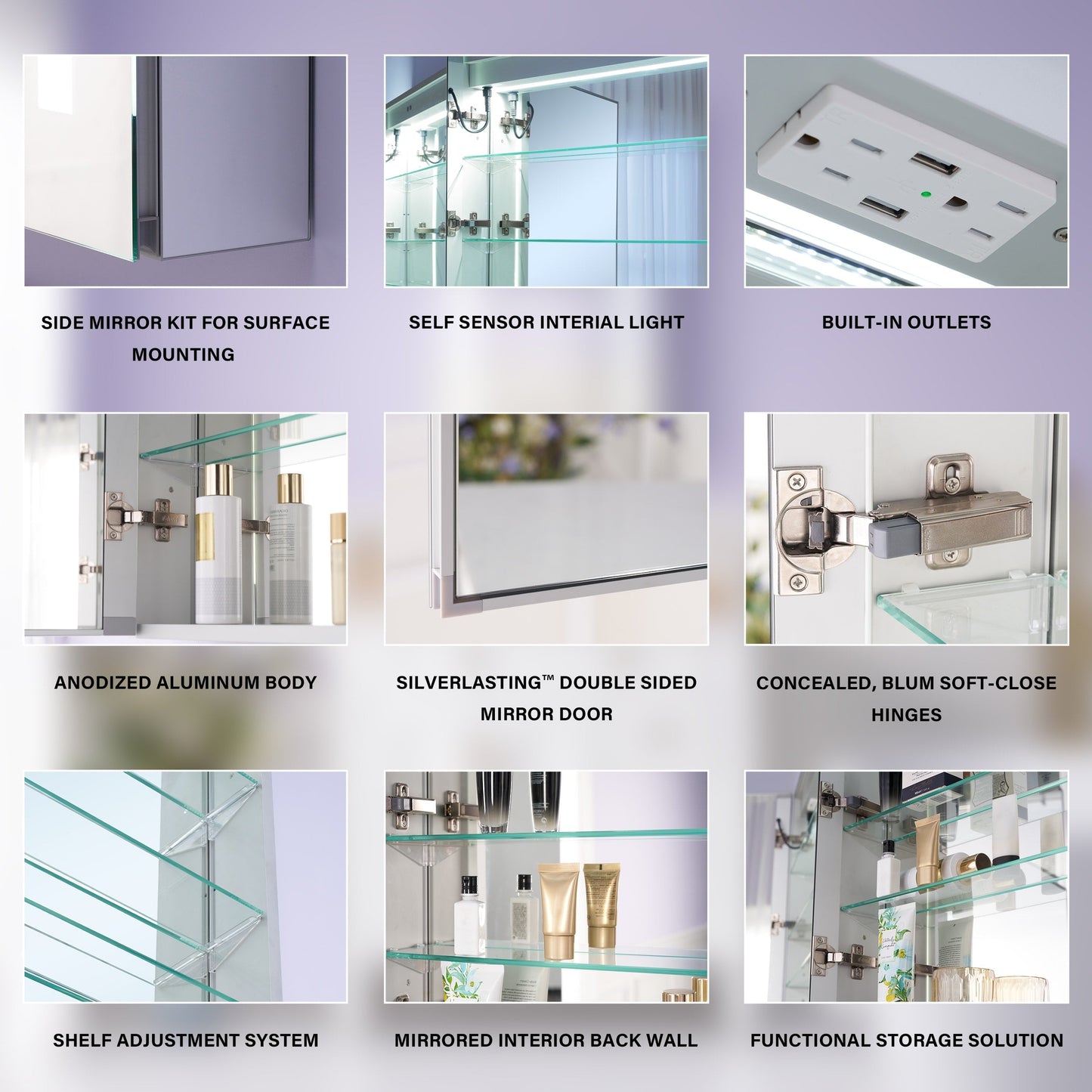 WELLFOR VICK 24-in x 30-in Lighted LED Fog Free Surface/Recessed Mount Silver Mirrored Soft Close Medicine Cabinet with Outlet