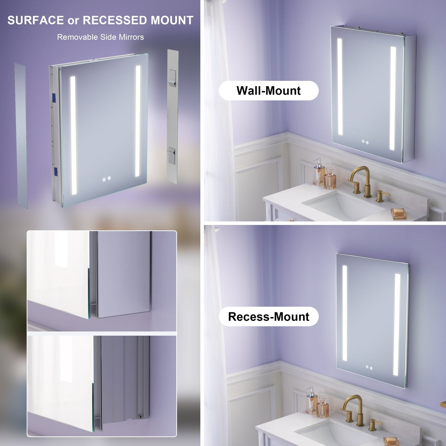 WELLFOR VICK 24-in x 30-in Lighted LED Fog Free Surface/Recessed Mount Silver Mirrored Soft Close Medicine Cabinet with Outlet