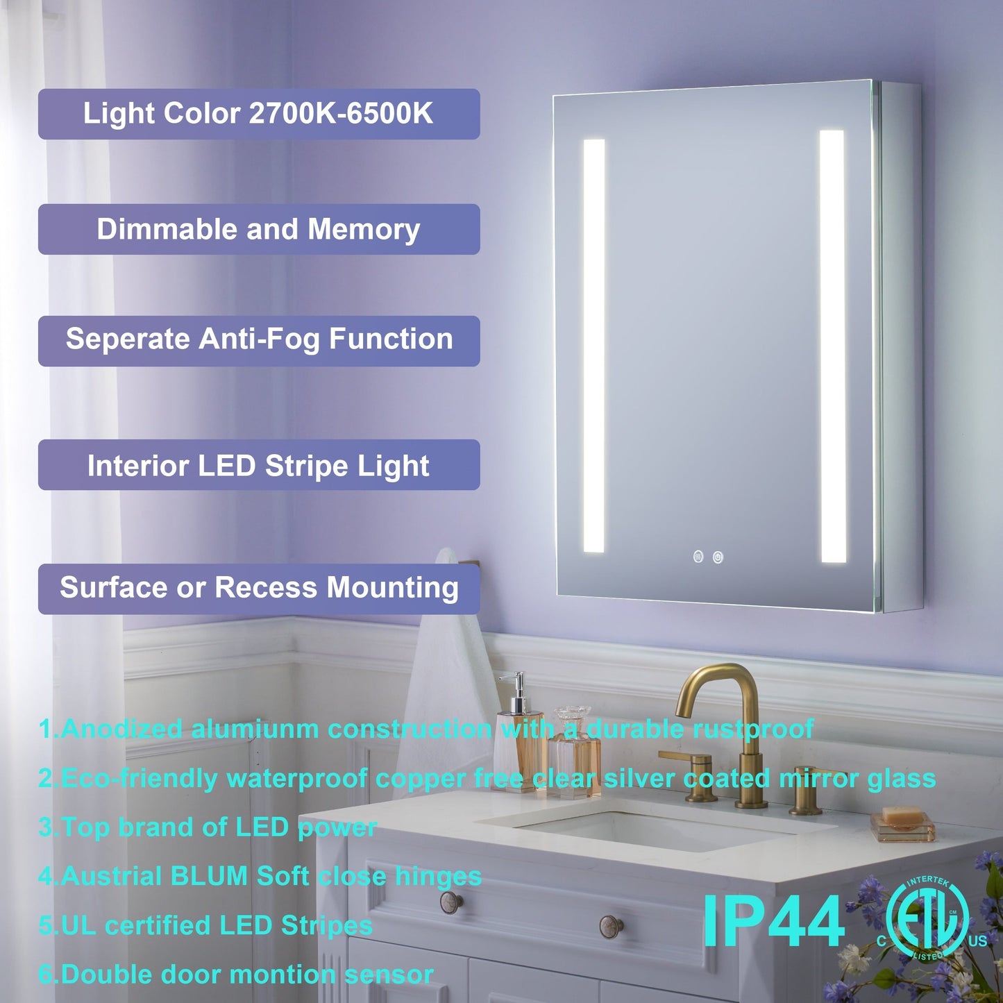WELLFOR VICK 24-in x 30-in Lighted LED Fog Free Surface/Recessed Mount Silver Mirrored Soft Close Medicine Cabinet with Outlet