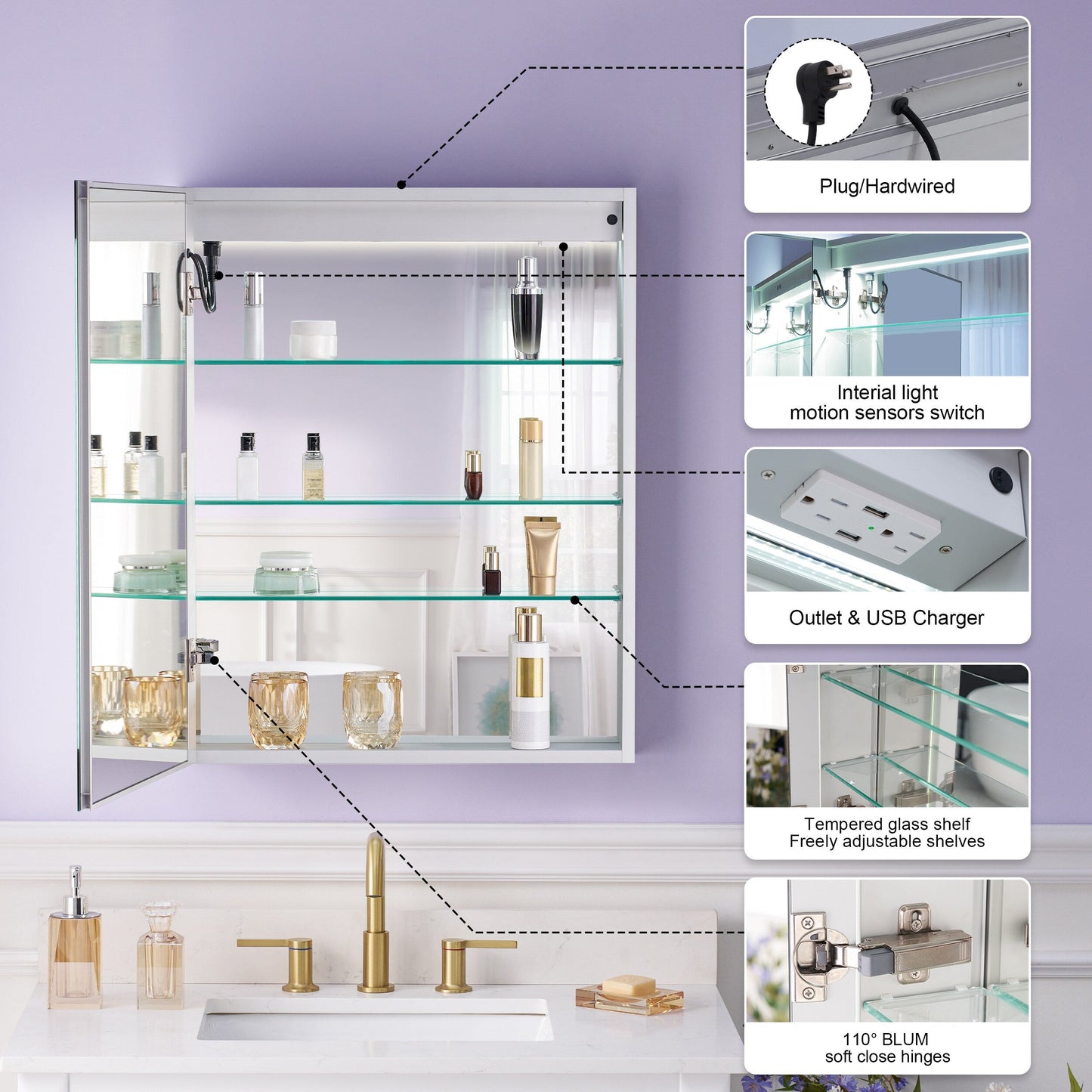 WELLFOR VICK 24-in x 30-in Lighted LED Fog Free Surface/Recessed Mount Silver Mirrored Soft Close Medicine Cabinet with Outlet