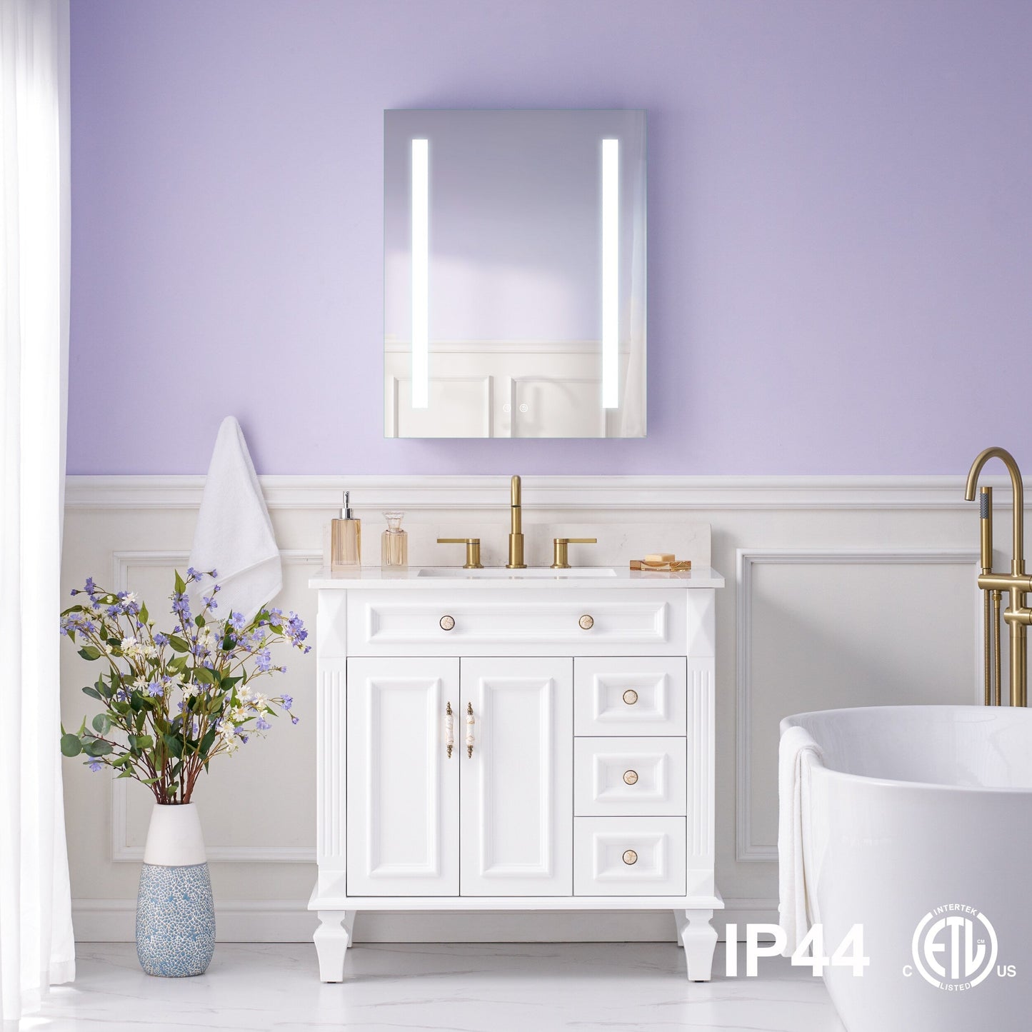 WELLFOR VICK 24-in x 30-in Lighted LED Fog Free Surface/Recessed Mount Silver Mirrored Soft Close Medicine Cabinet with Outlet