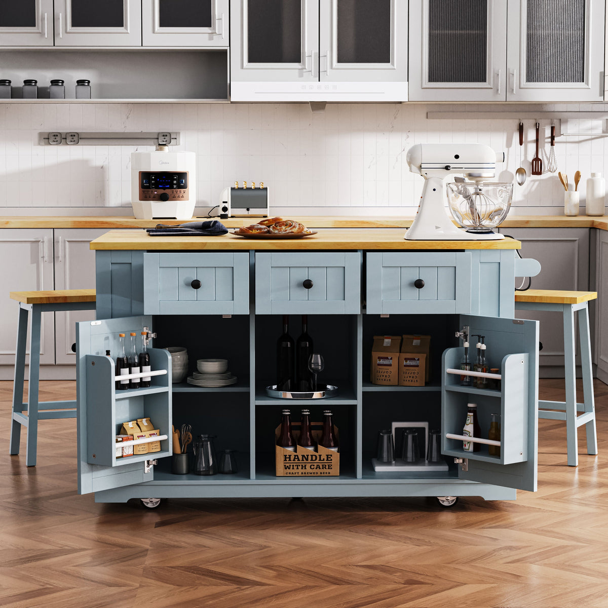 Runesay Gray Mdf Base with Mdf Wood Top Rolling Kitchen Island (29.52-in x 53.14-in x 36.4-in)
