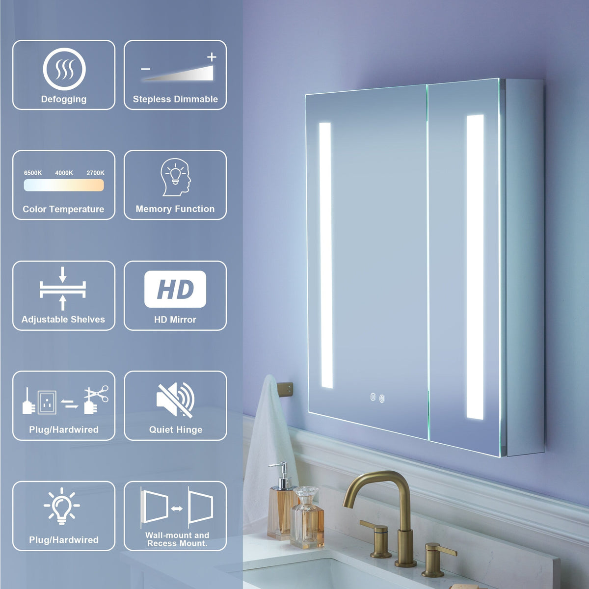 WELLFOR VICK 30-in x 30-in Lighted LED Fog Free Surface/Recessed Mount Silver Mirrored Soft Close Medicine Cabinet with Outlet