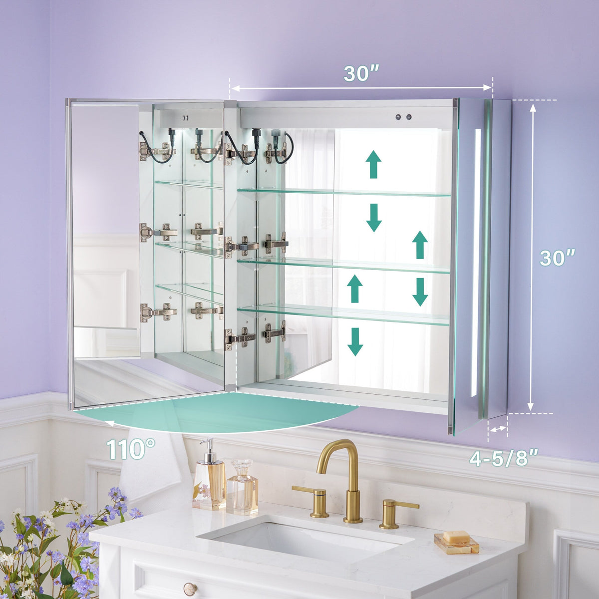 WELLFOR VICK 30-in x 30-in Lighted LED Fog Free Surface/Recessed Mount Silver Mirrored Soft Close Medicine Cabinet with Outlet