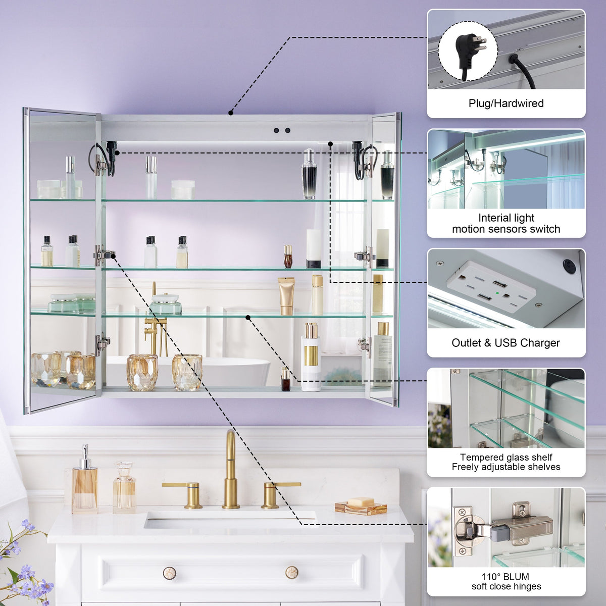 WELLFOR VICK 30-in x 30-in Lighted LED Fog Free Surface/Recessed Mount Silver Mirrored Soft Close Medicine Cabinet with Outlet