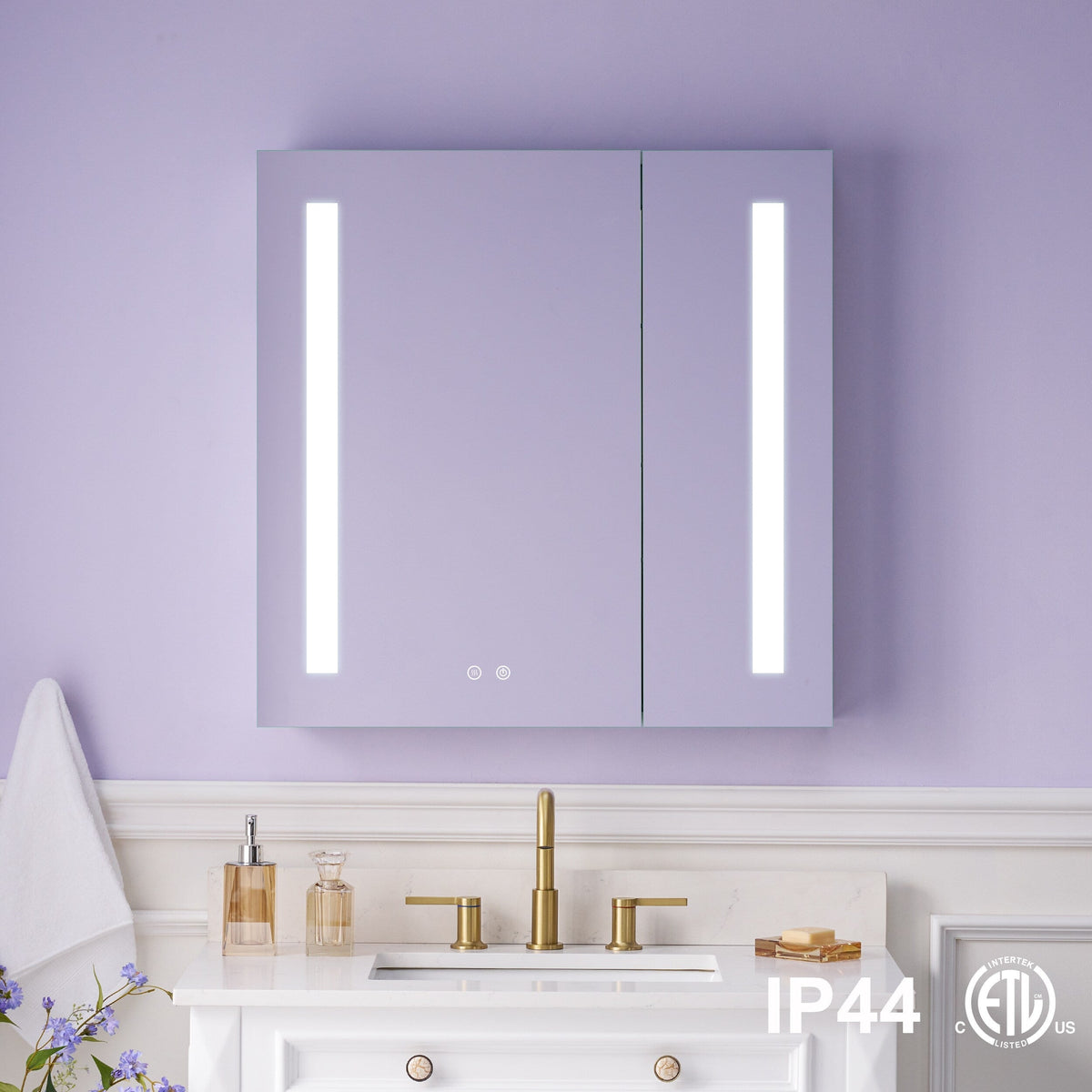 WELLFOR VICK 30-in x 30-in Lighted LED Fog Free Surface/Recessed Mount Silver Mirrored Soft Close Medicine Cabinet with Outlet