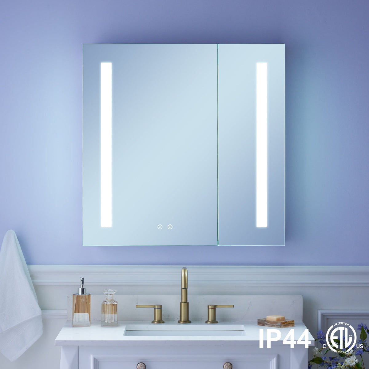 WELLFOR VICK 30-in x 30-in Lighted LED Fog Free Surface/Recessed Mount Silver Mirrored Soft Close Medicine Cabinet with Outlet