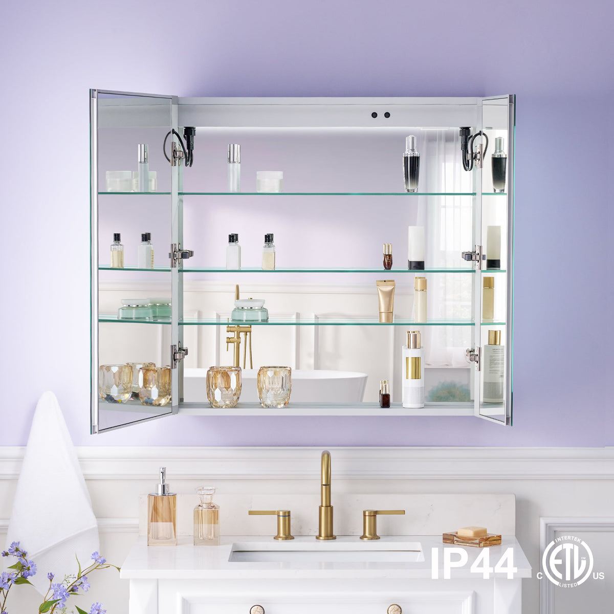 WELLFOR VICK 30-in x 30-in Lighted LED Fog Free Surface/Recessed Mount Silver Mirrored Soft Close Medicine Cabinet with Outlet