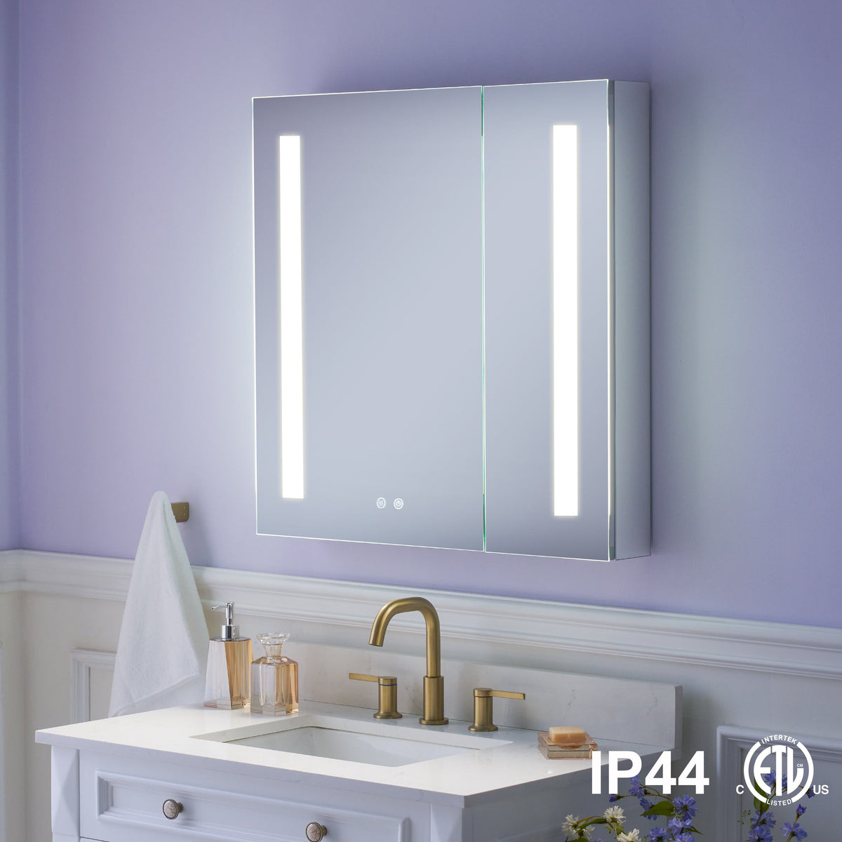 WELLFOR VICK 30-in x 30-in Lighted LED Fog Free Surface/Recessed Mount Silver Mirrored Soft Close Medicine Cabinet with Outlet