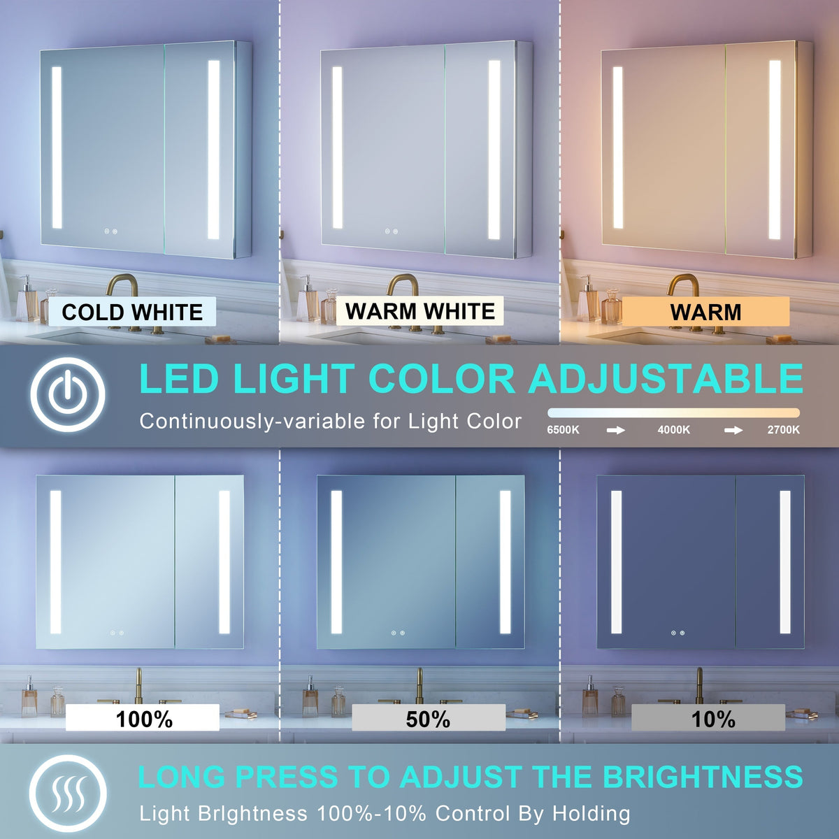 WELLFOR VICK 36-in x 30-in Lighted LED Fog Free Surface/Recessed Mount Silver Mirrored Soft Close Medicine Cabinet with Outlet
