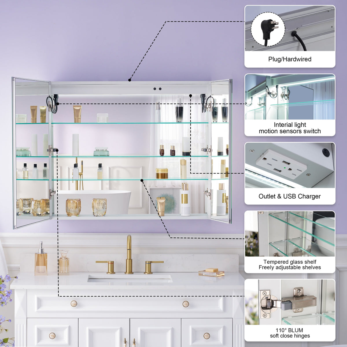 WELLFOR VICK 36-in x 30-in Lighted LED Fog Free Surface/Recessed Mount Silver Mirrored Soft Close Medicine Cabinet with Outlet