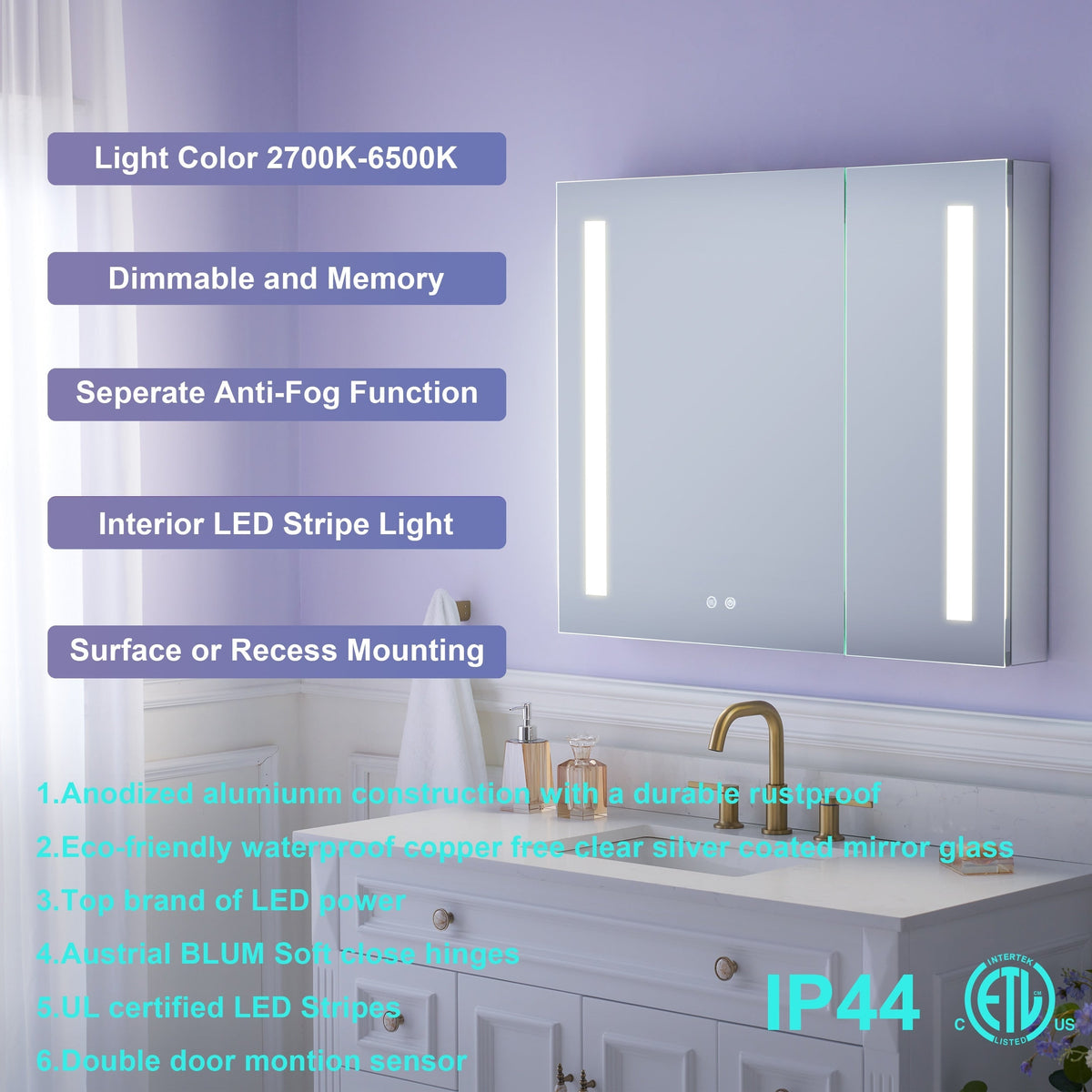 WELLFOR VICK 36-in x 30-in Lighted LED Fog Free Surface/Recessed Mount Silver Mirrored Soft Close Medicine Cabinet with Outlet