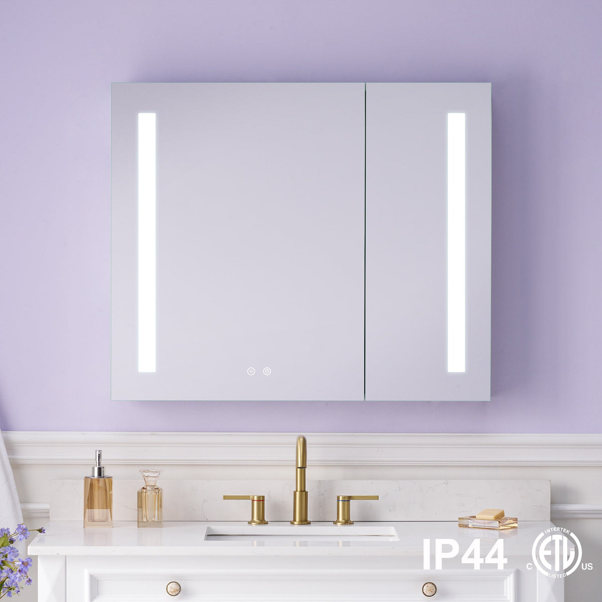 WELLFOR VICK 36-in x 30-in Lighted LED Fog Free Surface/Recessed Mount Silver Mirrored Soft Close Medicine Cabinet with Outlet