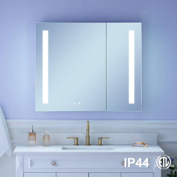WELLFOR VICK 36-in x 30-in Lighted LED Fog Free Surface/Recessed Mount Silver Mirrored Soft Close Medicine Cabinet with Outlet