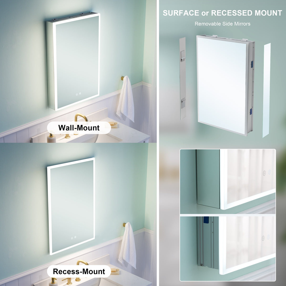 WELLFOR ELIN 20-in x 30-in Lighted LED Fog Free Surface/Recessed Mount Silver Mirrored Soft Close Medicine Cabinet with Outlet