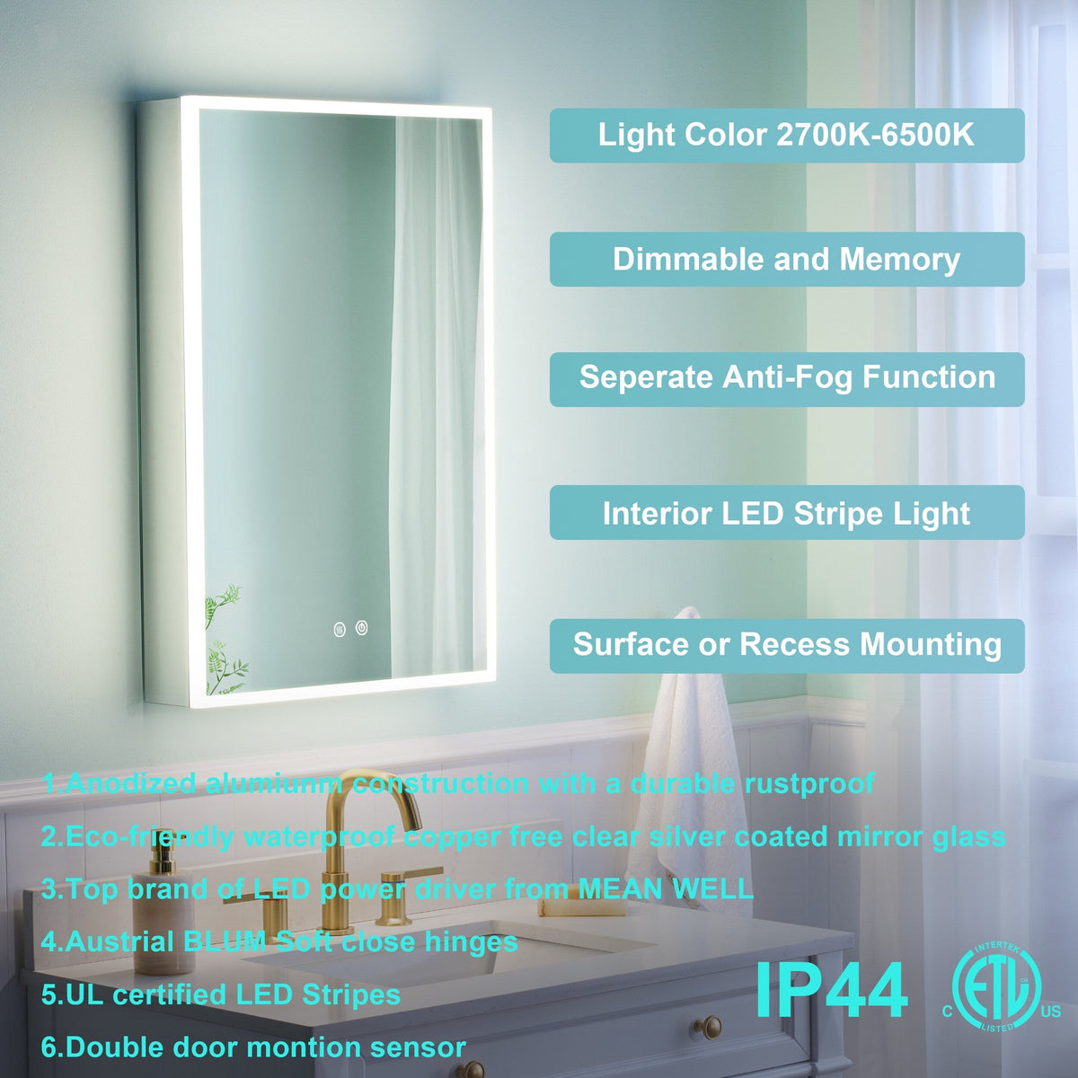 WELLFOR ELIN 20-in x 30-in Lighted LED Fog Free Surface/Recessed Mount Silver Mirrored Soft Close Medicine Cabinet with Outlet