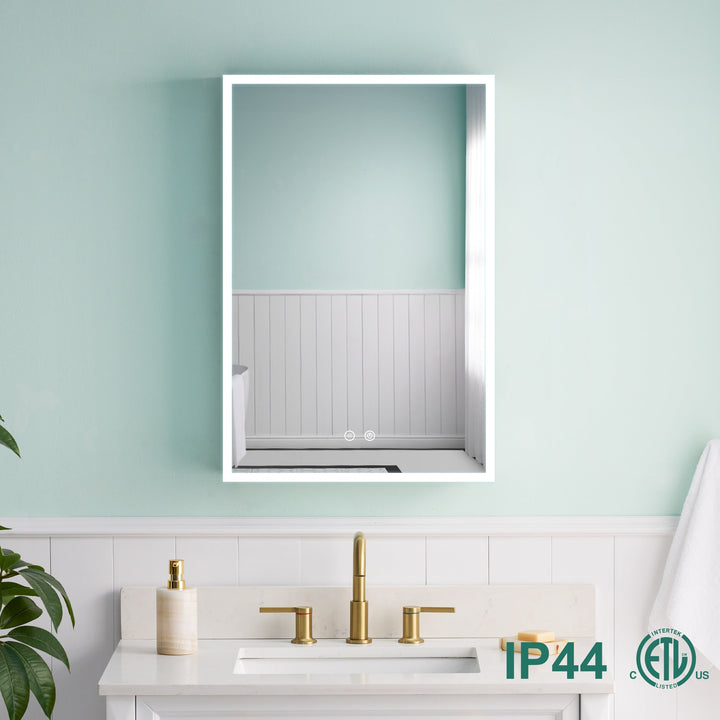 WELLFOR ELIN 20-in x 30-in Lighted LED Fog Free Surface/Recessed Mount Silver Mirrored Soft Close Medicine Cabinet with Outlet