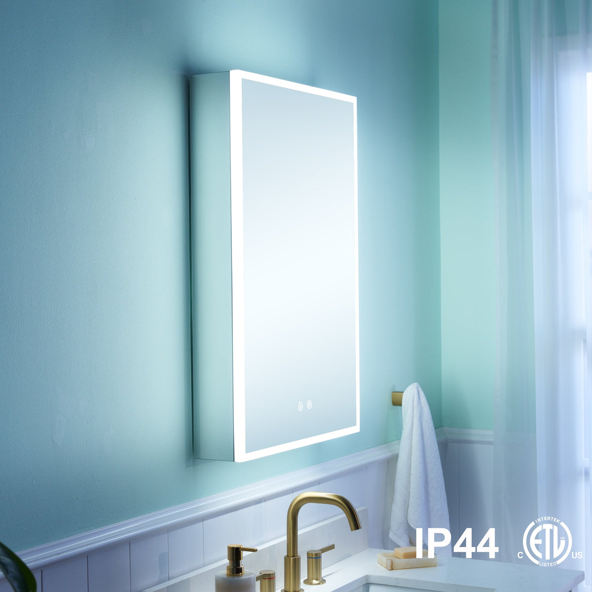WELLFOR ELIN 20-in x 30-in Lighted LED Fog Free Surface/Recessed Mount Silver Mirrored Soft Close Medicine Cabinet with Outlet