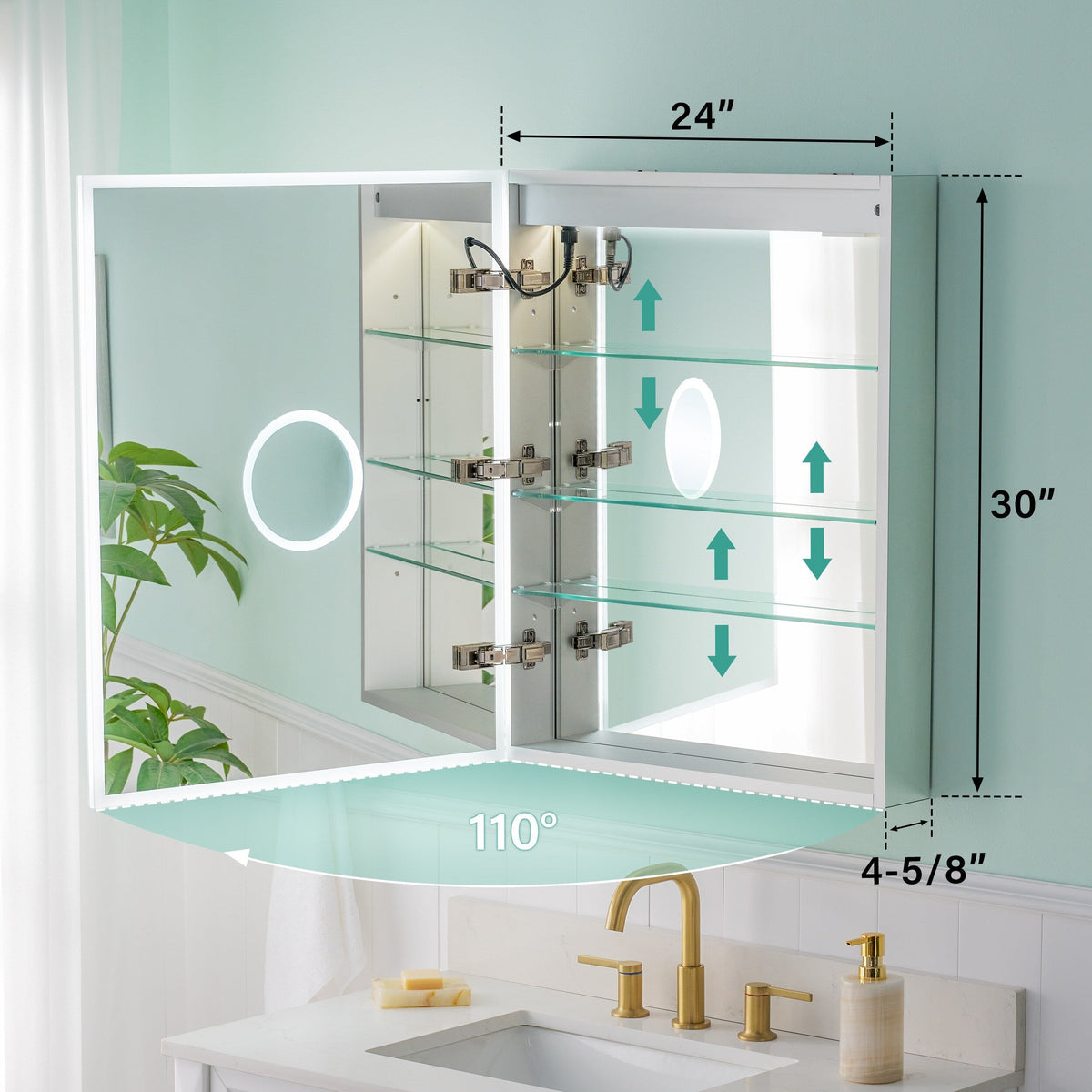 WELLFOR ELIN 24-in x 30-in Lighted LED Fog Free Surface/Recessed Mount Silver Mirrored Soft Close Medicine Cabinet with Outlet