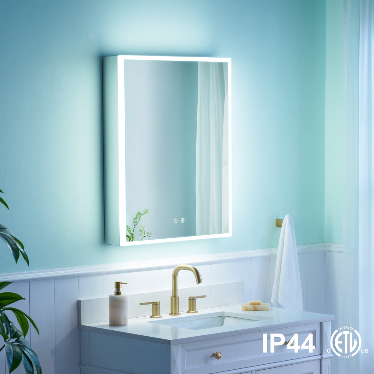WELLFOR ELIN 24-in x 30-in Lighted LED Fog Free Surface/Recessed Mount Silver Mirrored Soft Close Medicine Cabinet with Outlet