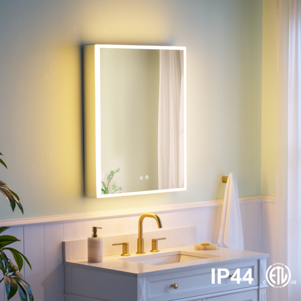 WELLFOR ELIN 24-in x 30-in Lighted LED Fog Free Surface/Recessed Mount Silver Mirrored Soft Close Medicine Cabinet with Outlet