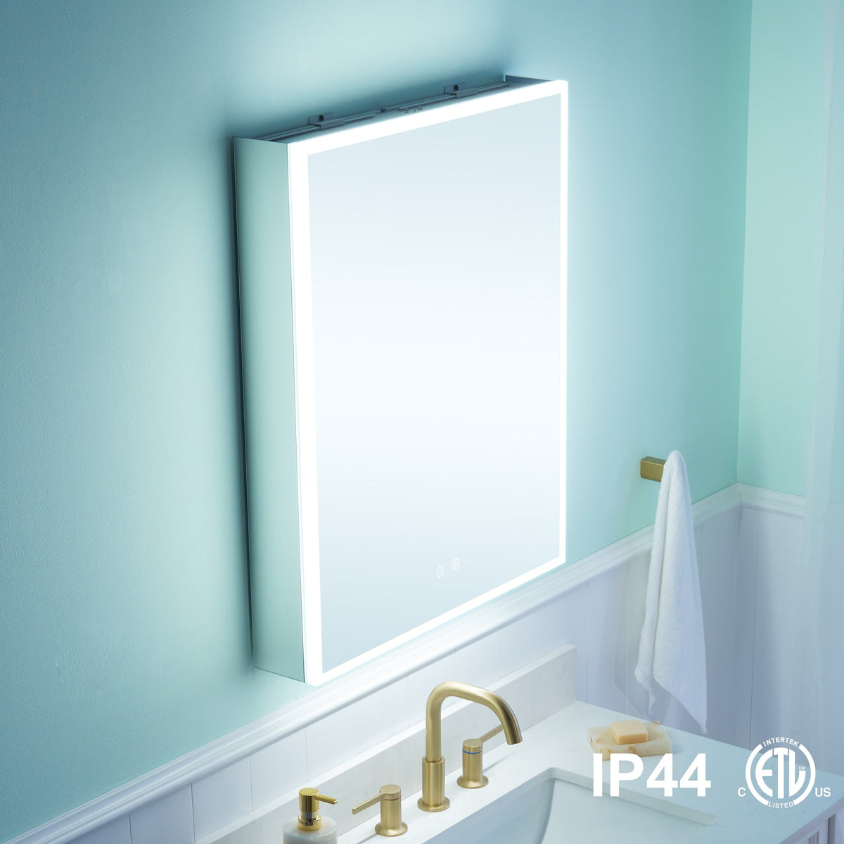 WELLFOR ELIN 24-in x 30-in Lighted LED Fog Free Surface/Recessed Mount Silver Mirrored Soft Close Medicine Cabinet with Outlet