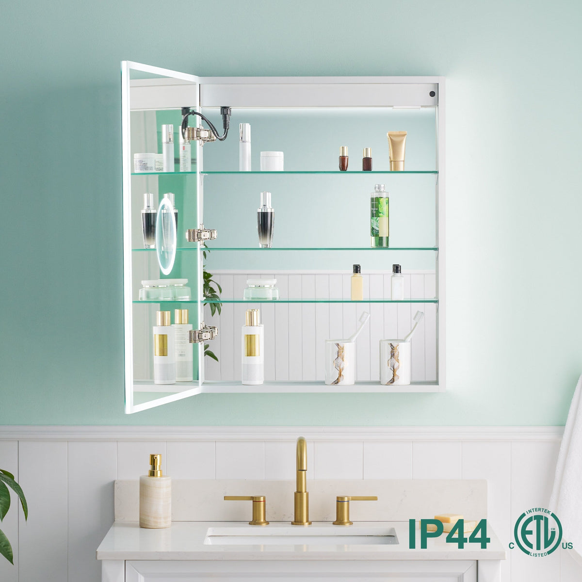 WELLFOR ELIN 24-in x 30-in Lighted LED Fog Free Surface/Recessed Mount Silver Mirrored Soft Close Medicine Cabinet with Outlet