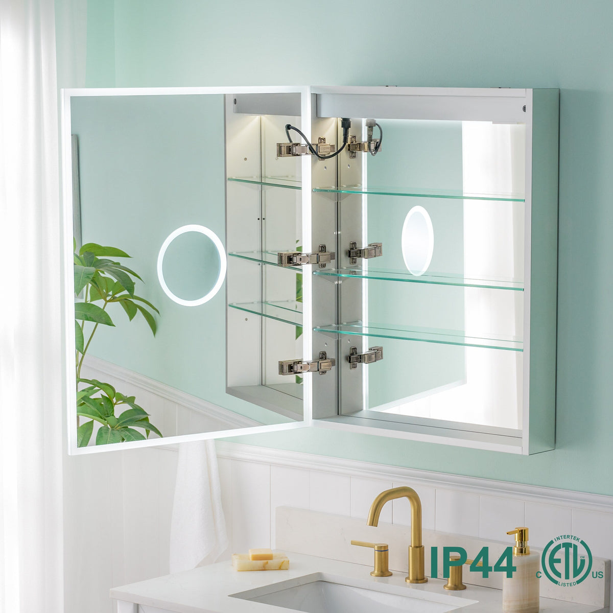 WELLFOR ELIN 24-in x 30-in Lighted LED Fog Free Surface/Recessed Mount Silver Mirrored Soft Close Medicine Cabinet with Outlet