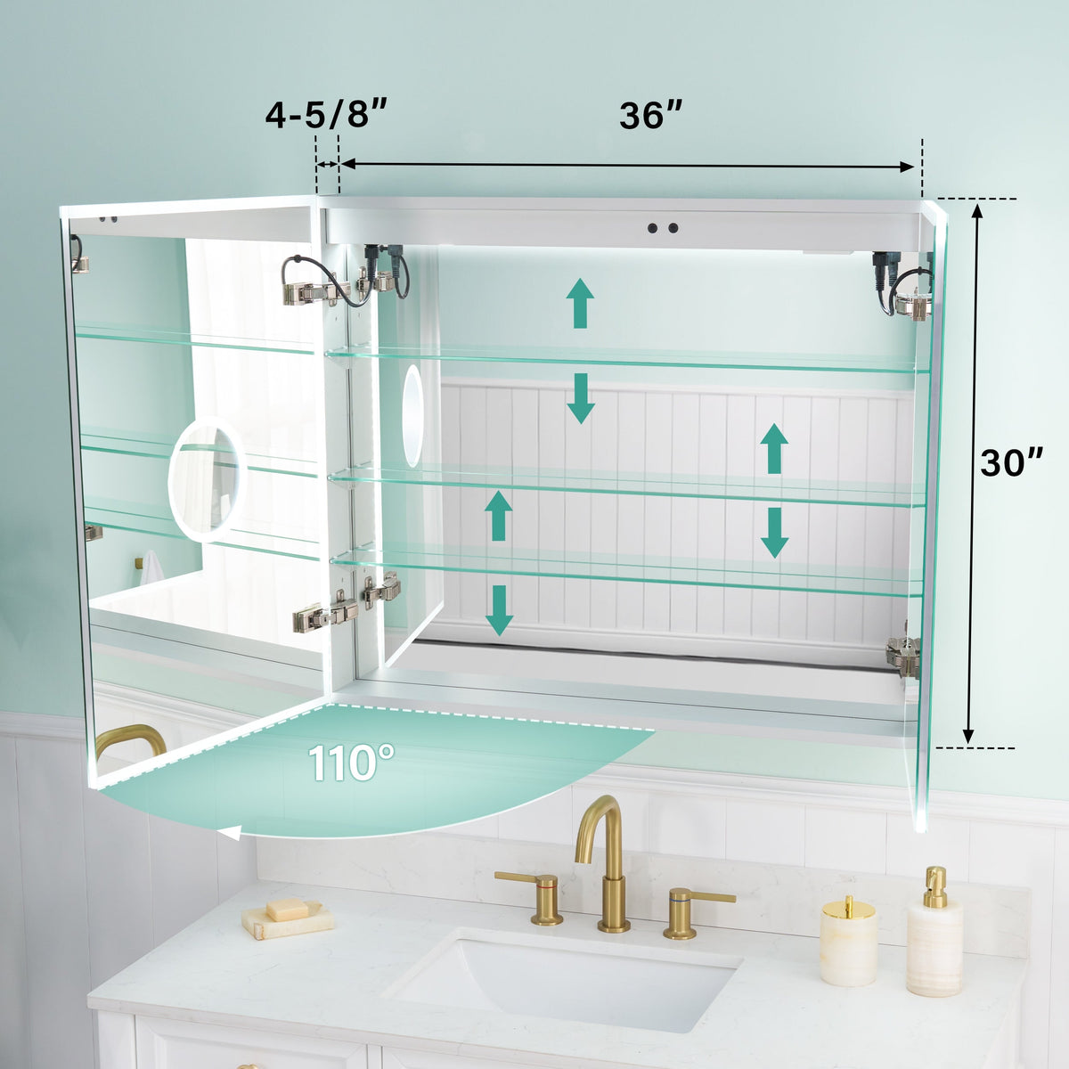 WELLFOR ELIN 36-in x 30-in Lighted LED Fog Free Surface/Recessed Mount Silver Mirrored Soft Close Medicine Cabinet with Outlet