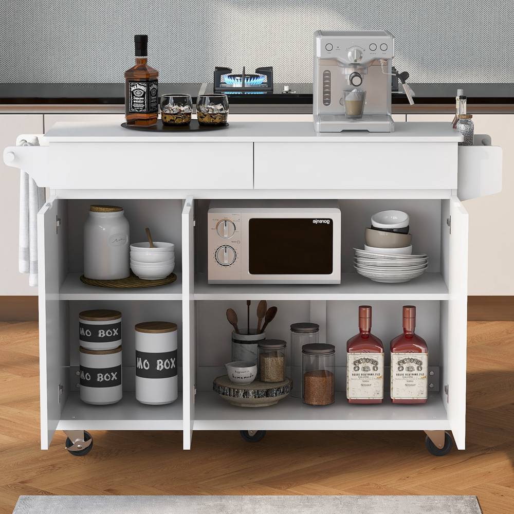 Runesay White Mdf Base with Mdf Wood Top Rolling Kitchen Island (27.56-in x 53.15-in x 36.33-in)