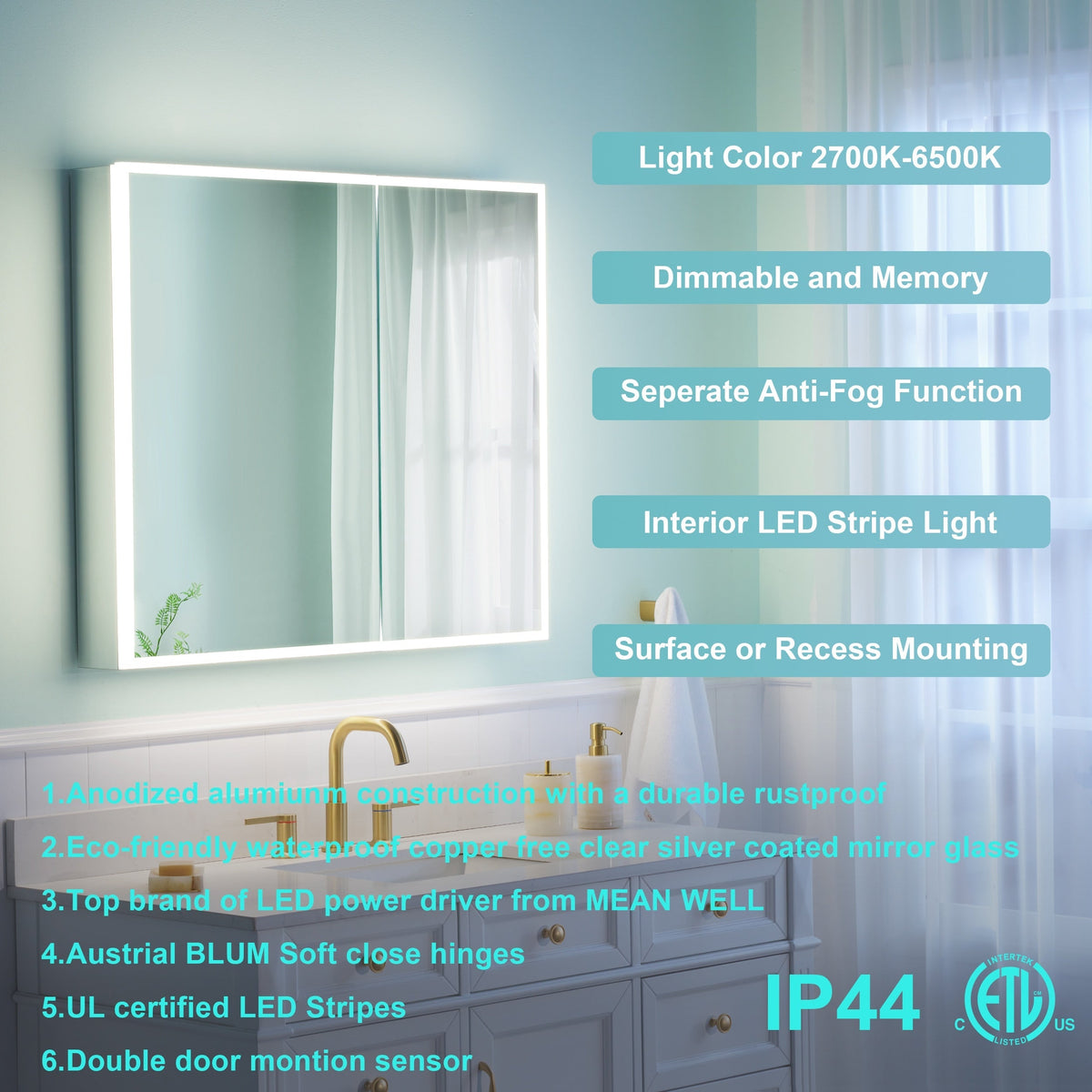 WELLFOR ELIN 36-in x 30-in Lighted LED Fog Free Surface/Recessed Mount Silver Mirrored Soft Close Medicine Cabinet with Outlet
