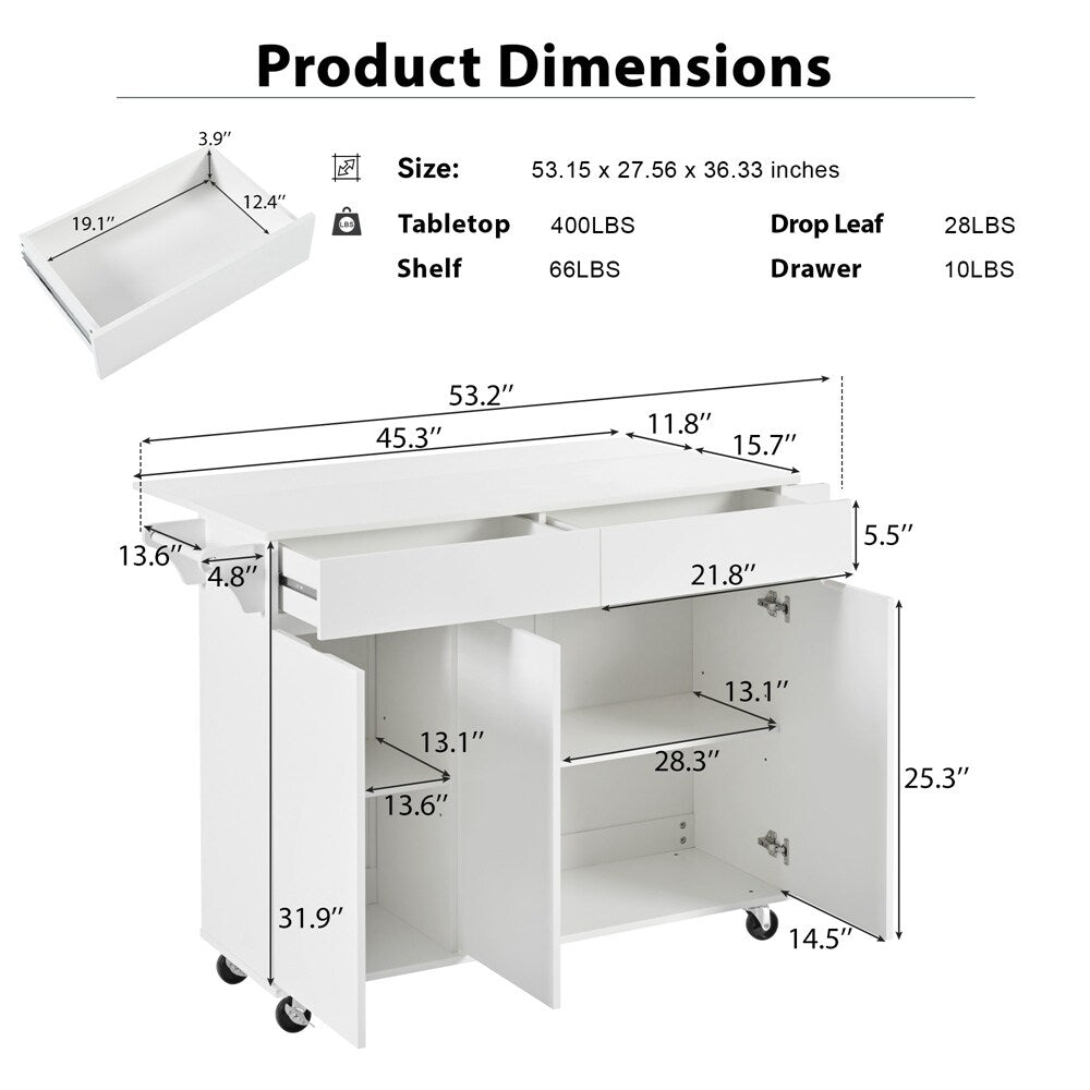 Runesay White Mdf Base with Mdf Wood Top Rolling Kitchen Island (27.56-in x 53.15-in x 36.33-in)