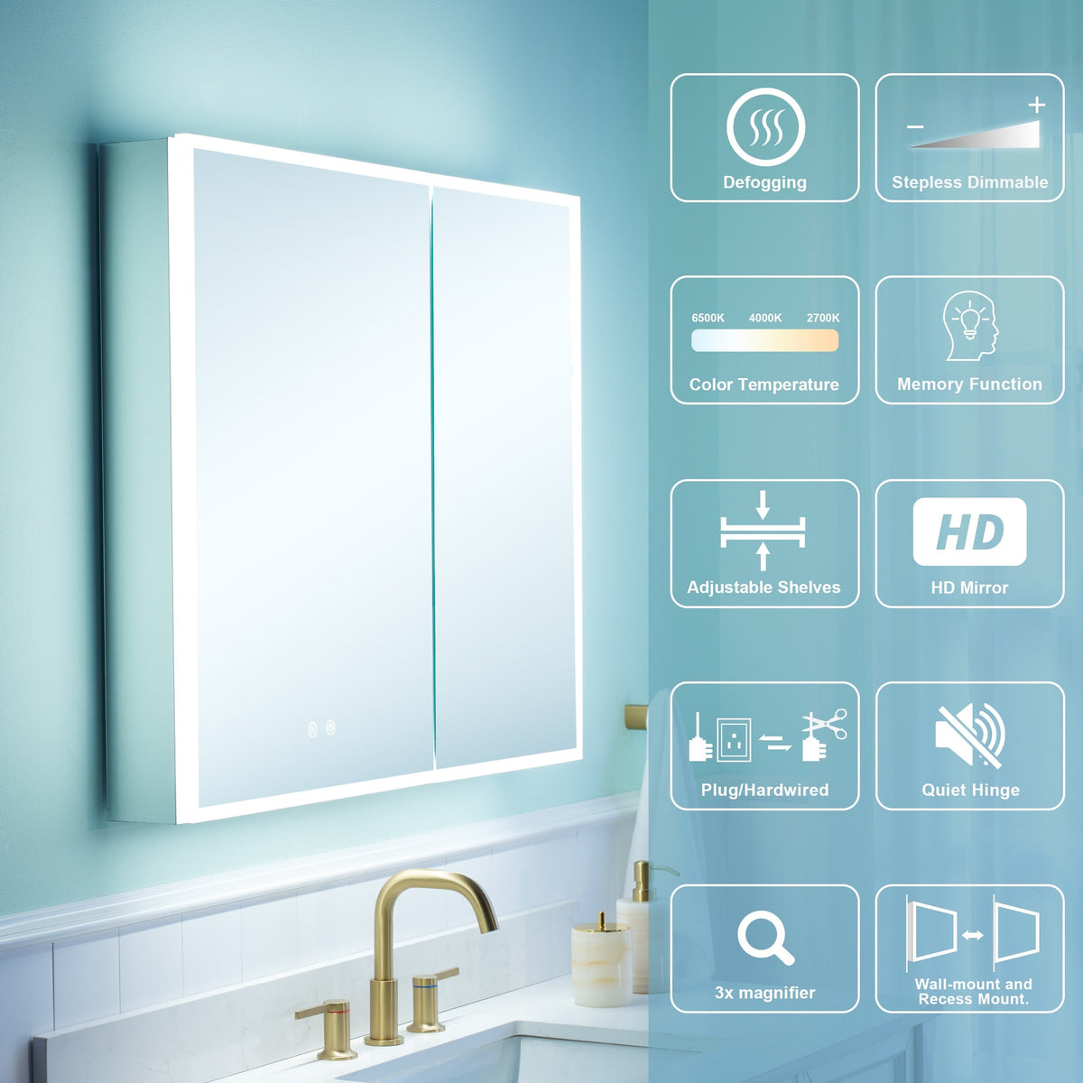 WELLFOR ELIN 36-in x 30-in Lighted LED Fog Free Surface/Recessed Mount Silver Mirrored Soft Close Medicine Cabinet with Outlet