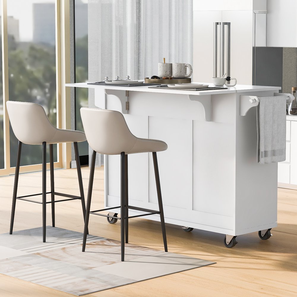 Runesay White Mdf Base with Mdf Wood Top Rolling Kitchen Island (27.56-in x 53.15-in x 36.33-in)
