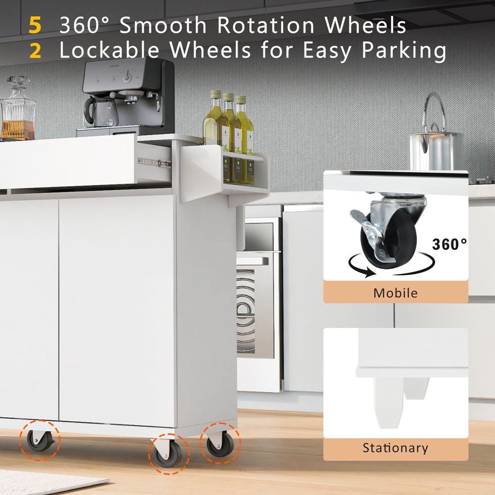 Runesay White Mdf Base with Mdf Wood Top Rolling Kitchen Island (27.56-in x 53.15-in x 36.33-in)