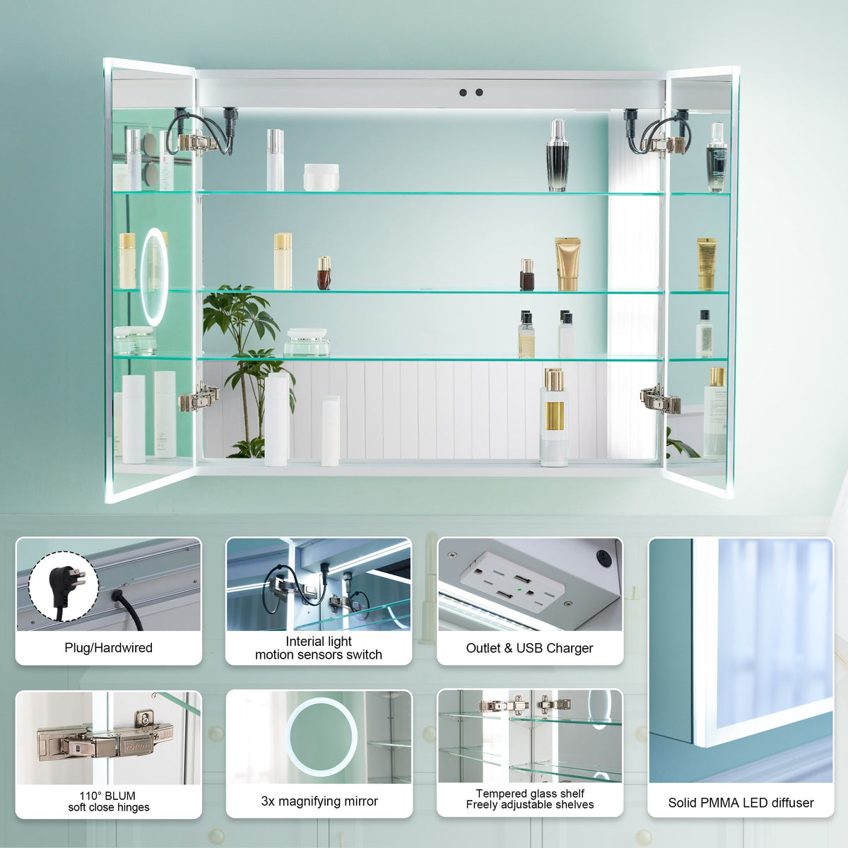 WELLFOR ELIN 36-in x 30-in Lighted LED Fog Free Surface/Recessed Mount Silver Mirrored Soft Close Medicine Cabinet with Outlet