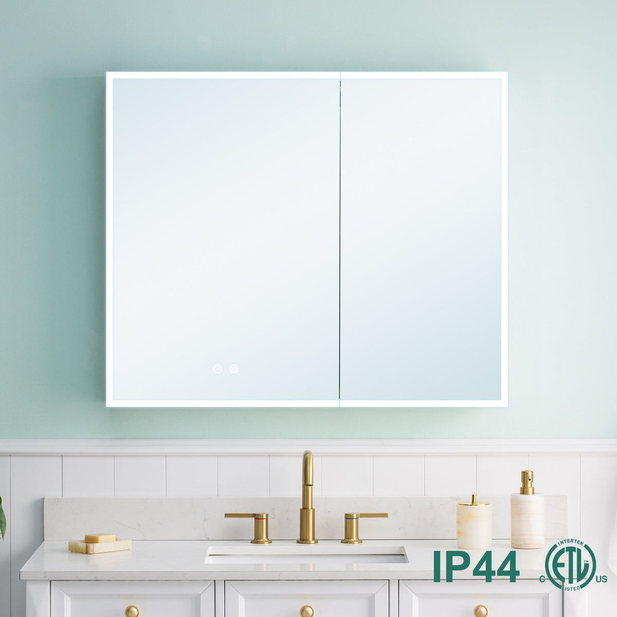 WELLFOR ELIN 36-in x 30-in Lighted LED Fog Free Surface/Recessed Mount Silver Mirrored Soft Close Medicine Cabinet with Outlet