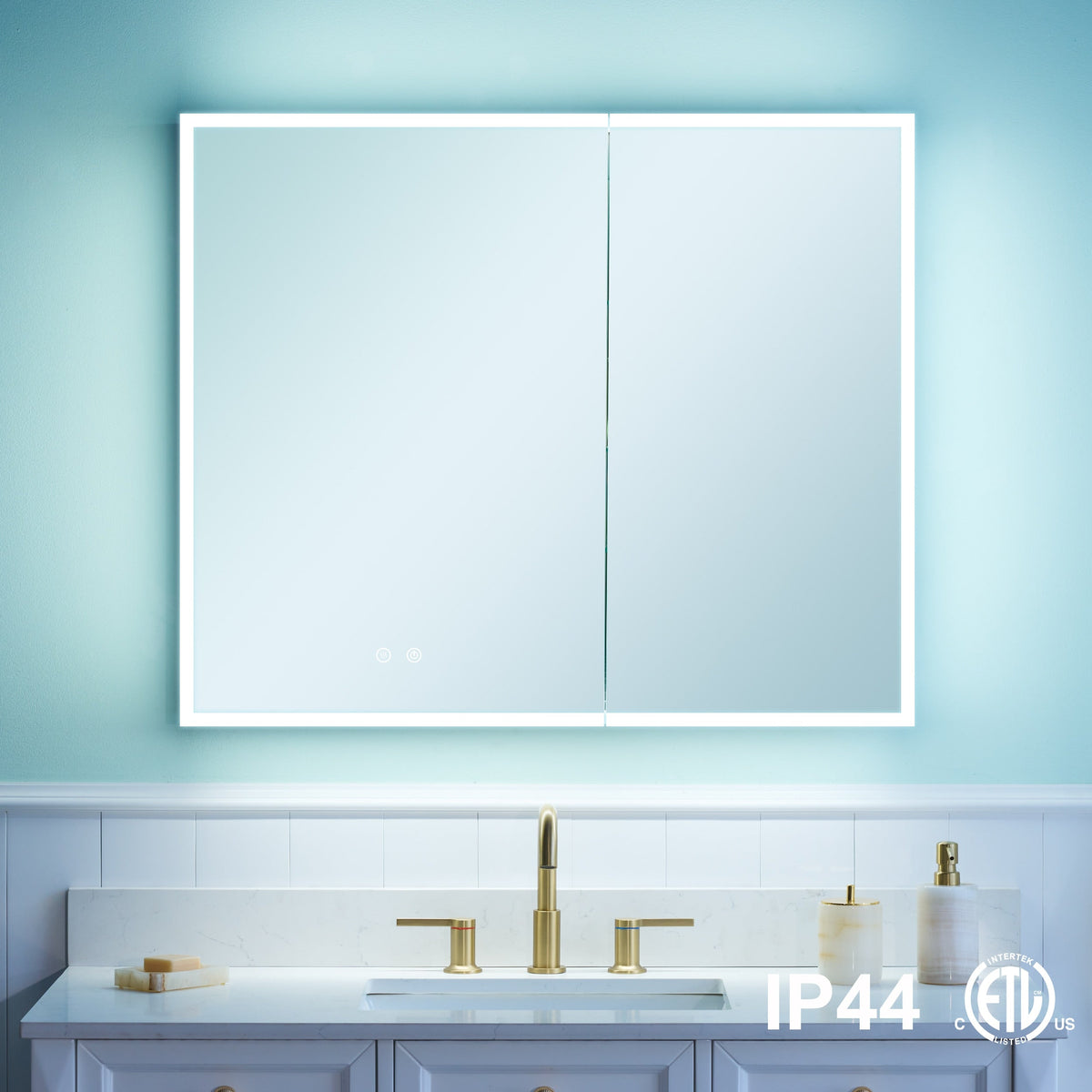WELLFOR ELIN 36-in x 30-in Lighted LED Fog Free Surface/Recessed Mount Silver Mirrored Soft Close Medicine Cabinet with Outlet