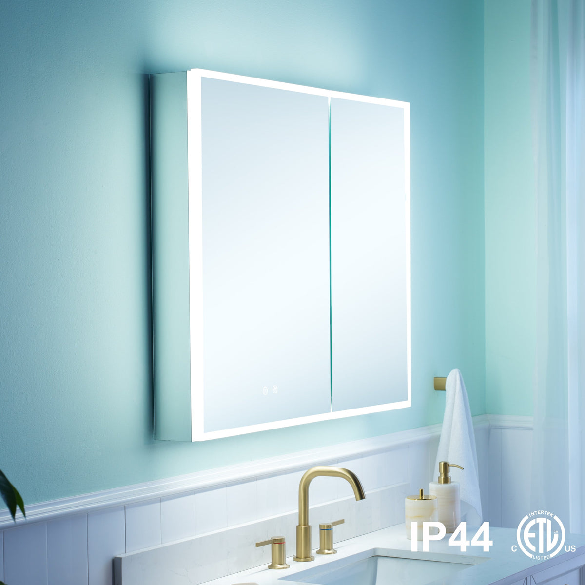 WELLFOR ELIN 36-in x 30-in Lighted LED Fog Free Surface/Recessed Mount Silver Mirrored Soft Close Medicine Cabinet with Outlet