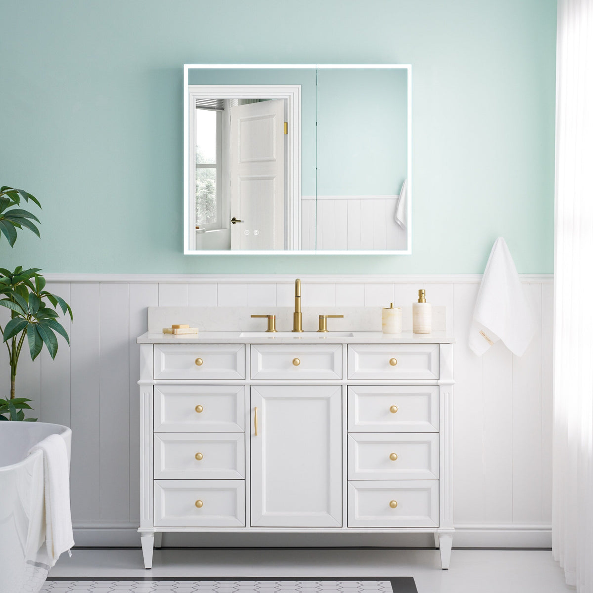 WELLFOR ELIN 36-in x 30-in Lighted LED Fog Free Surface/Recessed Mount Silver Mirrored Soft Close Medicine Cabinet with Outlet