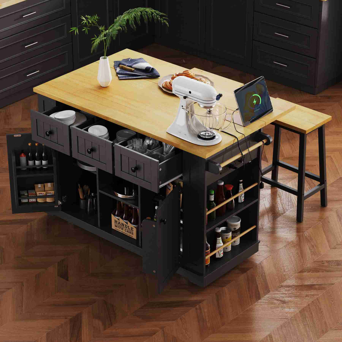 Runesay Black Mdf Base with Mdf Wood Top Rolling Kitchen Island (29.52-in x 53.14-in x 36.4-in)