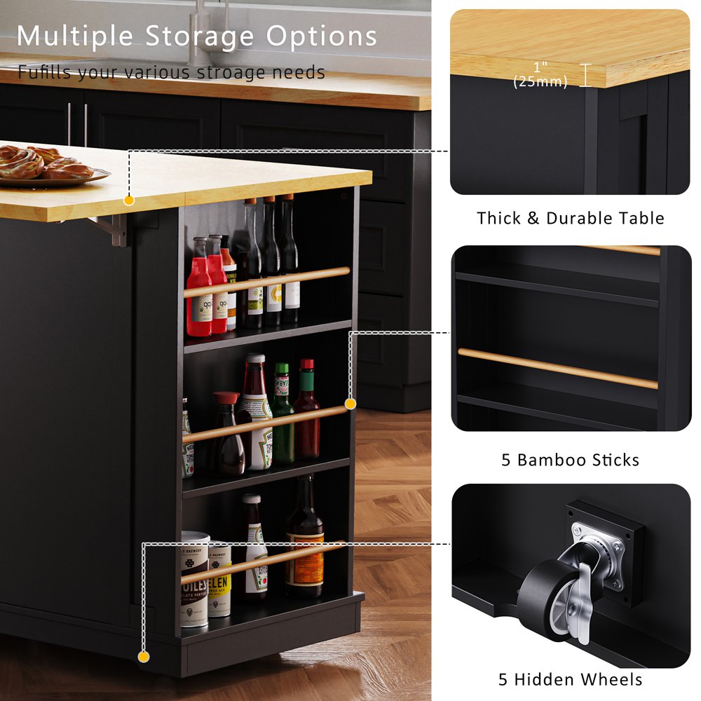 Runesay Black Mdf Base with Mdf Wood Top Rolling Kitchen Island (29.52-in x 53.14-in x 36.4-in)