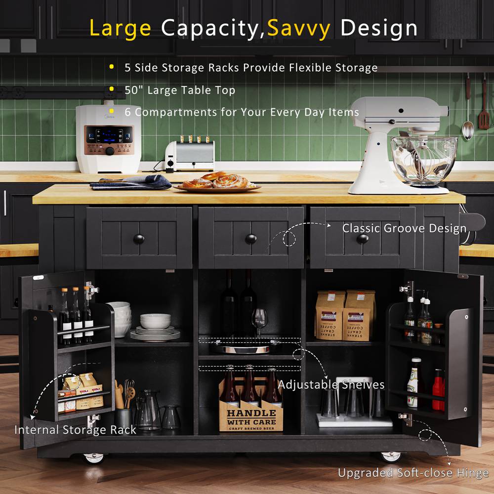 Runesay Black Mdf Base with Mdf Wood Top Rolling Kitchen Island (29.52-in x 53.14-in x 36.4-in)