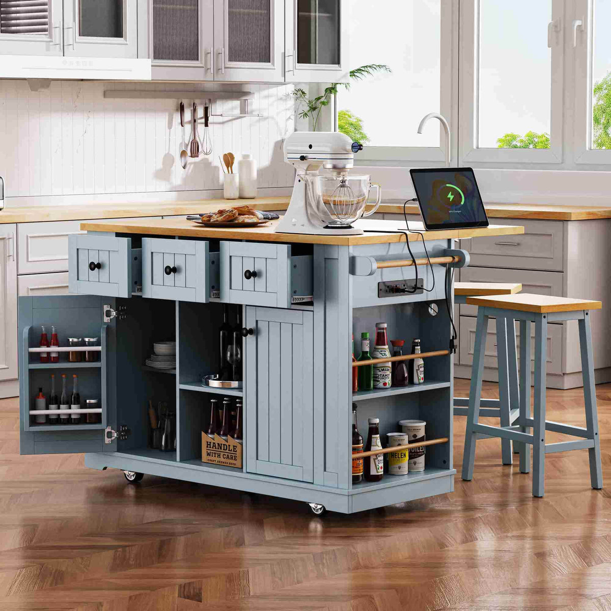 Runesay Gray Mdf Base with Mdf Wood Top Rolling Kitchen Island (29.52-in x 53.14-in x 36.4-in)