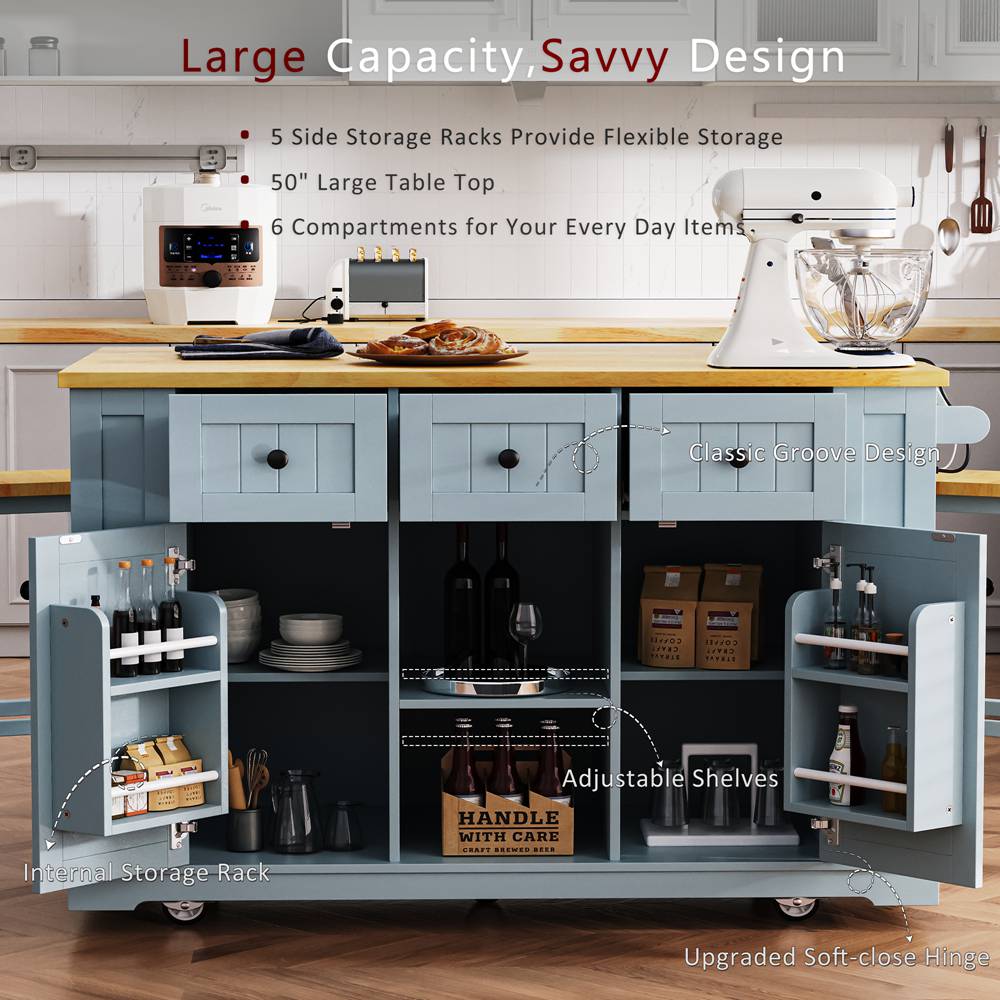 Runesay Gray Mdf Base with Mdf Wood Top Rolling Kitchen Island (29.52-in x 53.14-in x 36.4-in)